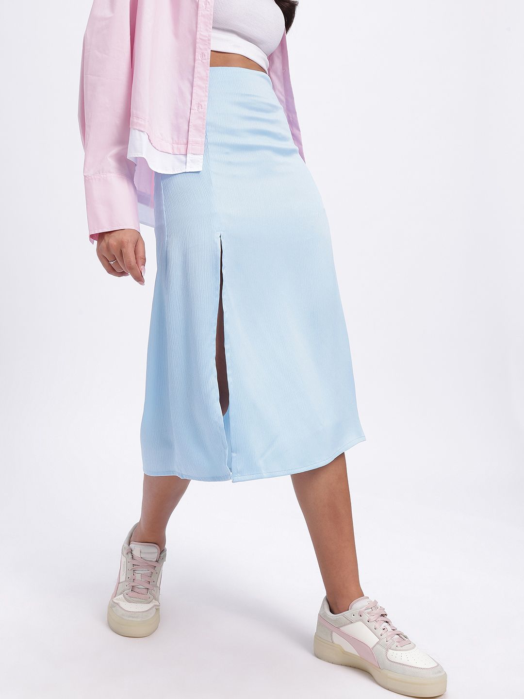 glitchez Effortless Chic Crinkled Side Slit High-Waist Skirt-picture-15