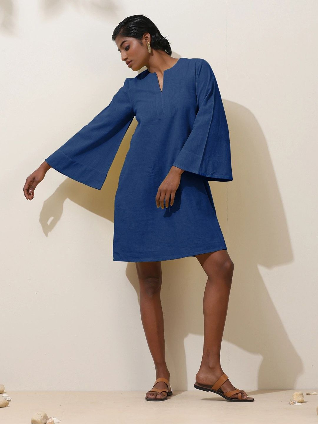 trueBrowns Women Solid Blue Cotton Blend Short Dress-image-44