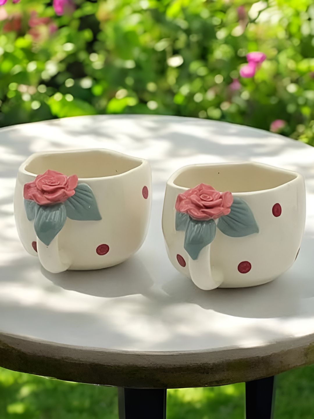 Kraftlik Handicraft Off White & Green Handcrafted and Hand Painted Textured Ceramic Glossy Mugs Set of Cups and Mugs-image-35