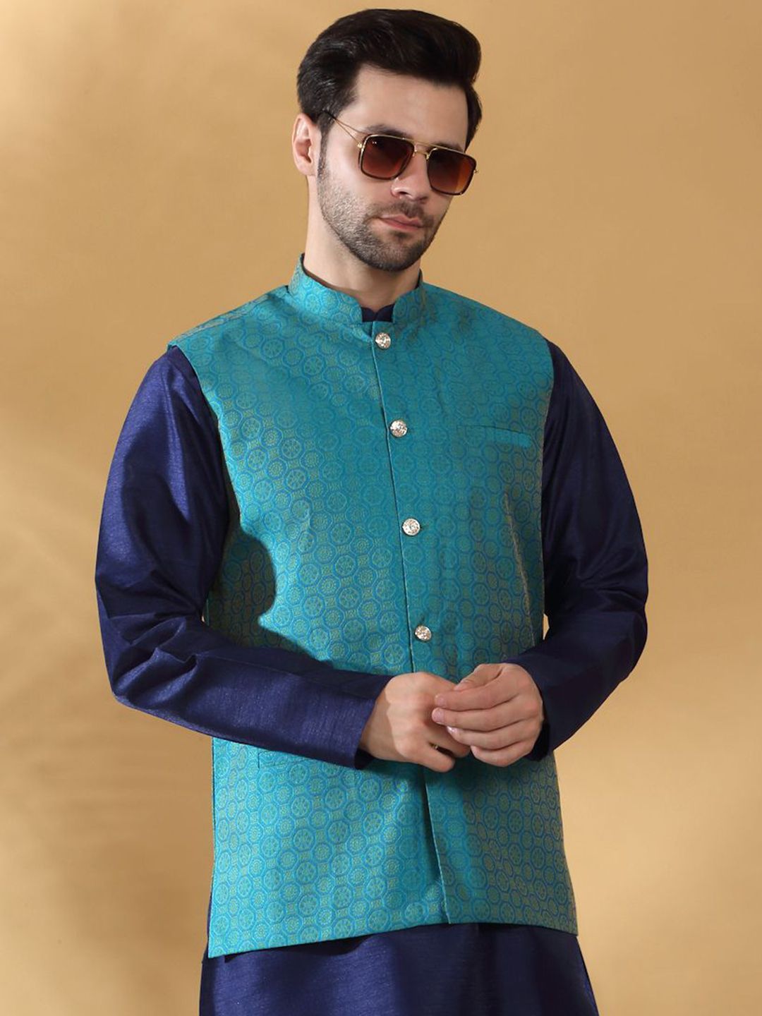 KRAFT INDIA Geometric Printed Woven Nehru Jacket-image-26