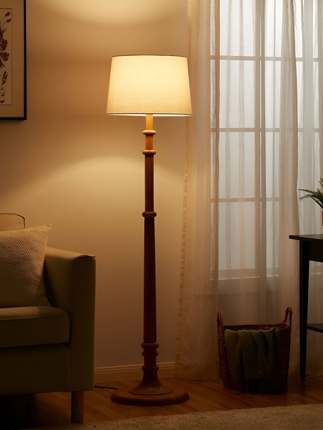 Decorcity Off-White & Brown Wooden Cylindrical FloorLamps-image-31