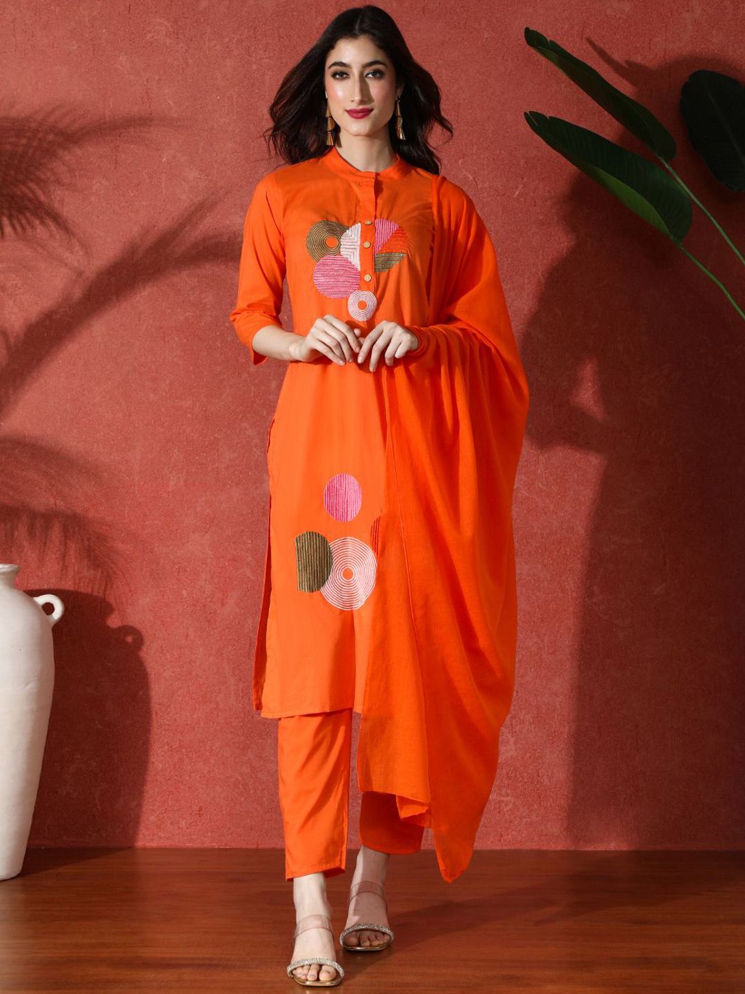 Women Mustard Embroidered Straight Kurta Trousers With Dupatta Set