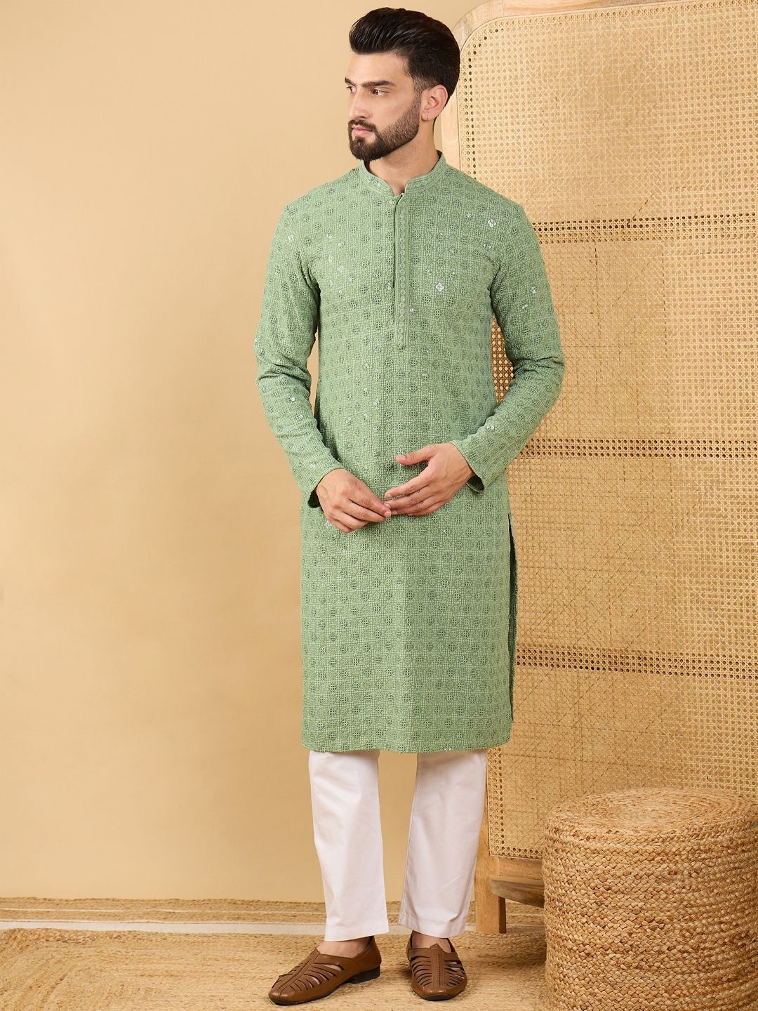 House of Pataudi Sequin Embroidered Straight Kurta-image-30