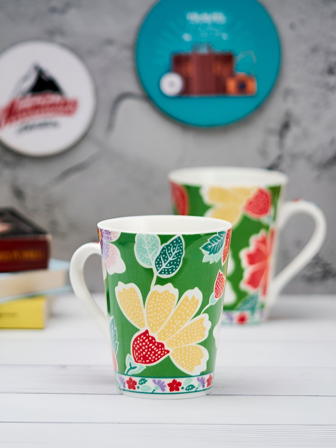 GOLDEN QUEEN'S Green & Yellow Handcrafted Printed Ceramic Glossy Mugs Set of Cups and Mugs-picture-27