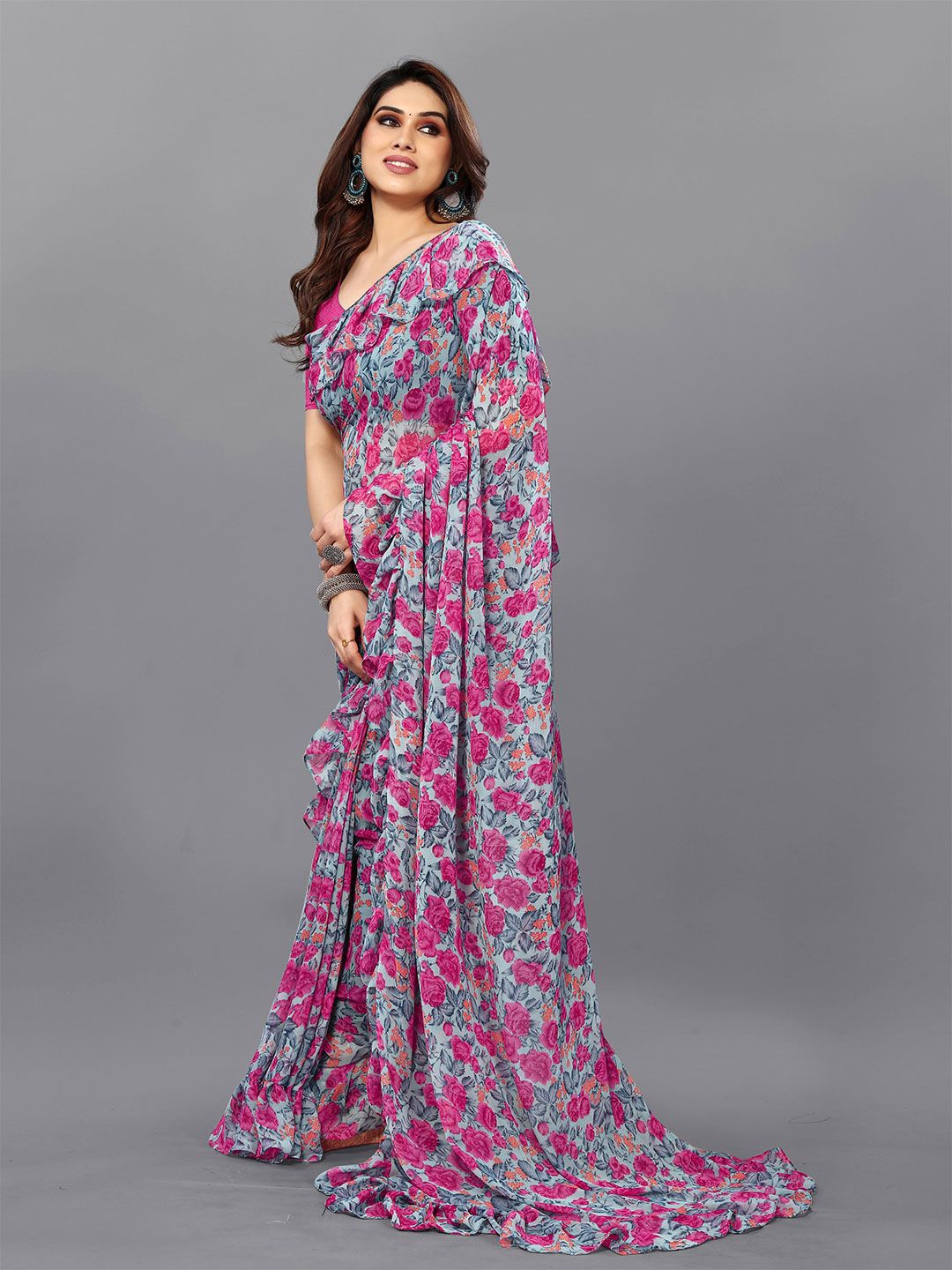 Anouk Women Floral Poly Georgette Ruffles Saree-picture-22