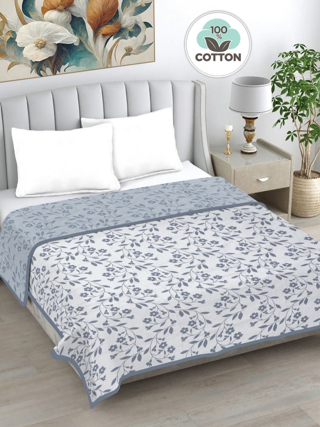 Myntra Elegant Homes White & Blue Floral AC Room 233 GSM Double Bed Dohar-picture-10