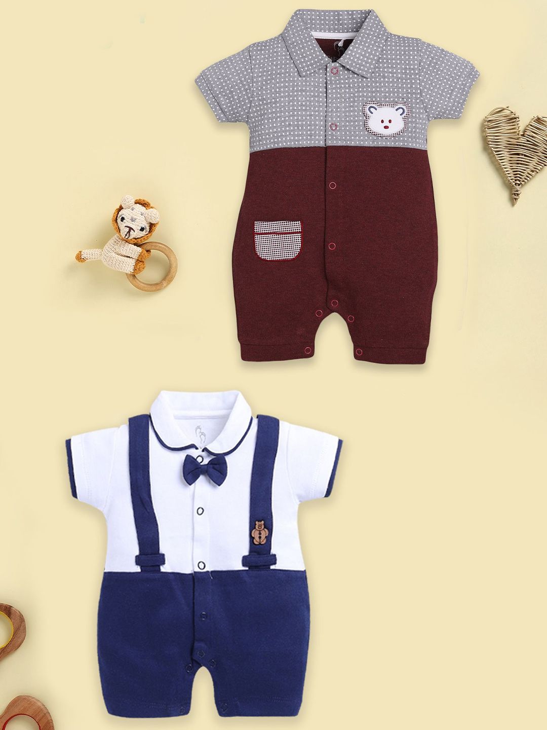 BABY GO Boys Pack Of 2 Printed Pure Cotton Rompers