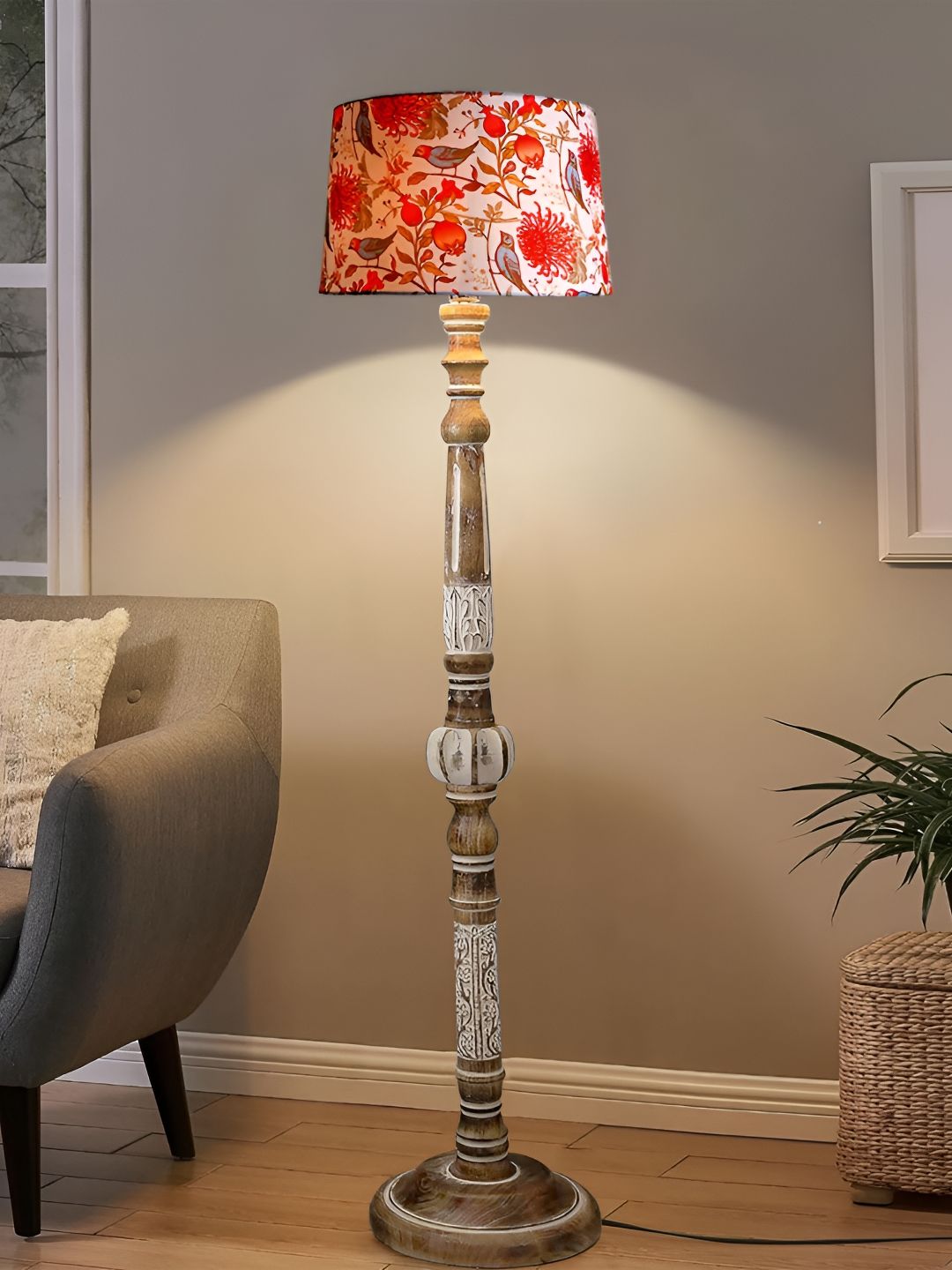 Decorcity White & Orange-coloured Printed Wooden Cylindrical FloorLamps-image-47