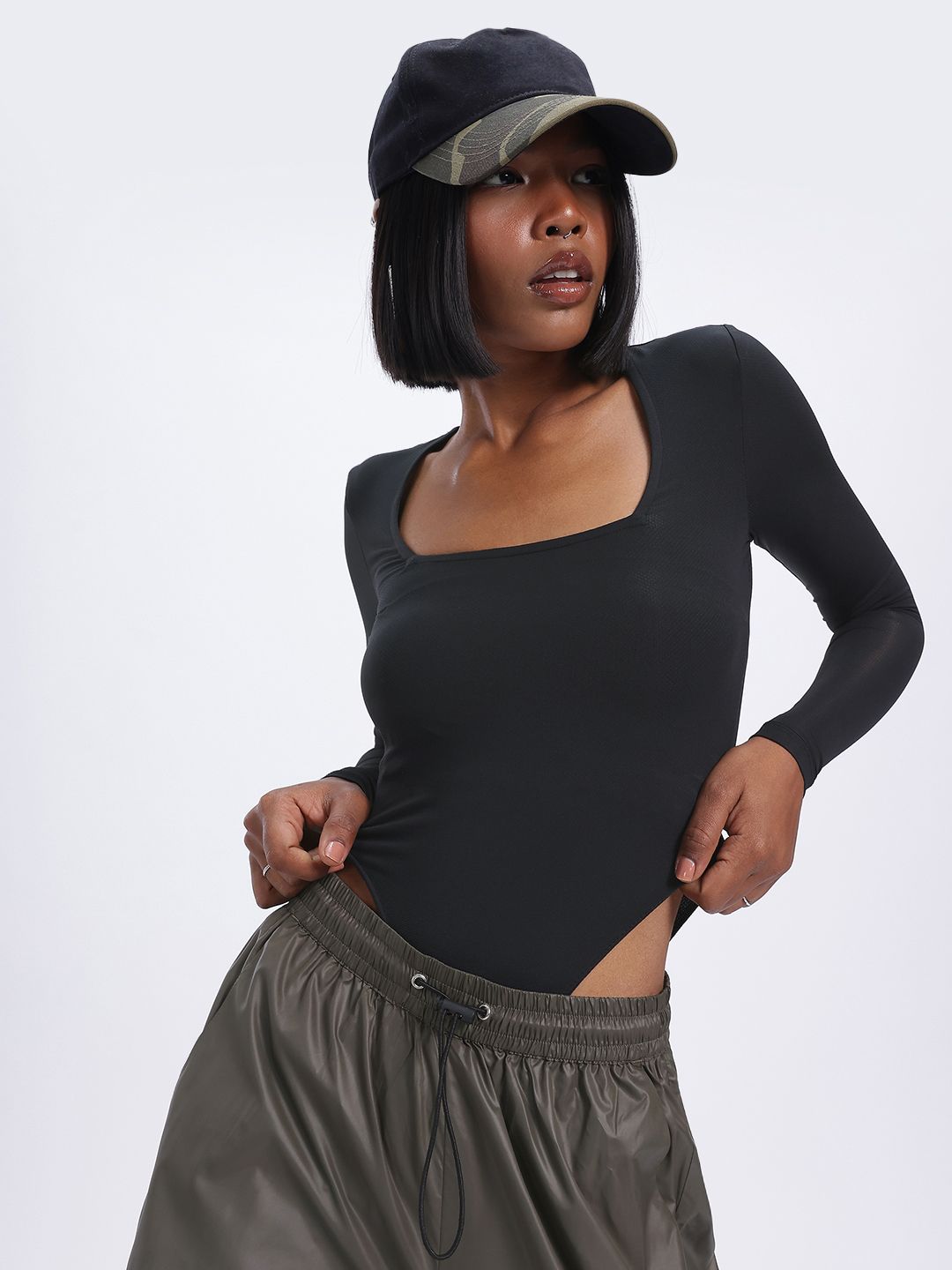 glitchez Scoop Neck High-Cut Bodysuit