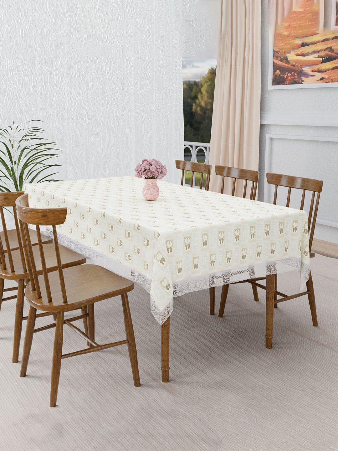 Aura Cream-Coloured Floral Plastic 6-Seater Table Cover-image-41