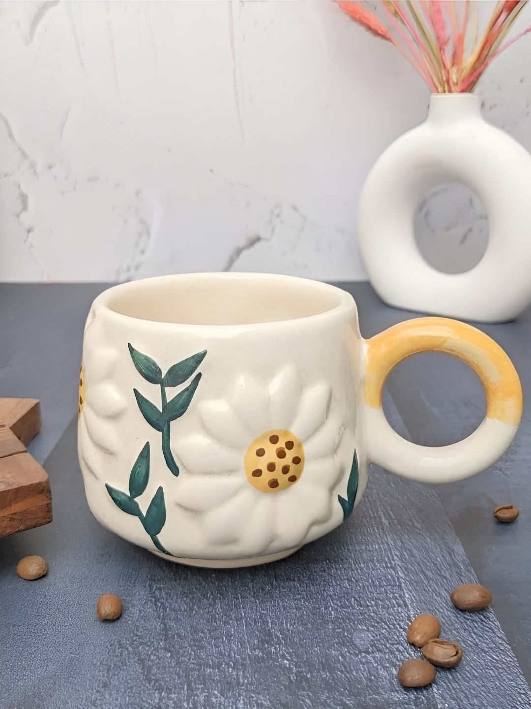 kraftlik handicraft white & yellow handcrafted and hand painted textured ceramic glossy cups set of cups and mugs