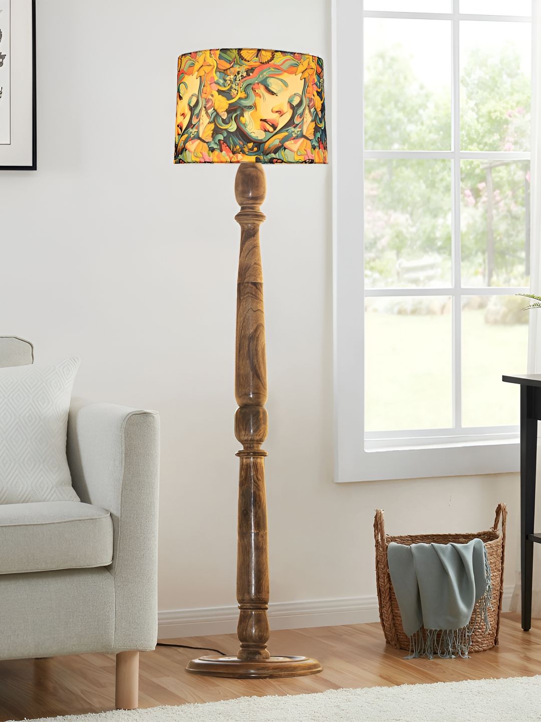 Decorcity Yellow & Brown Printed Wooden Cylindrical FloorLamps-image-32