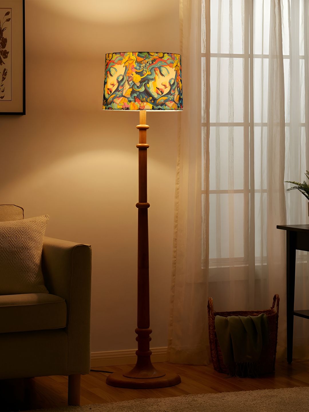 Decorcity Blue & Brown Printed Wooden Cylindrical FloorLamps-image-29