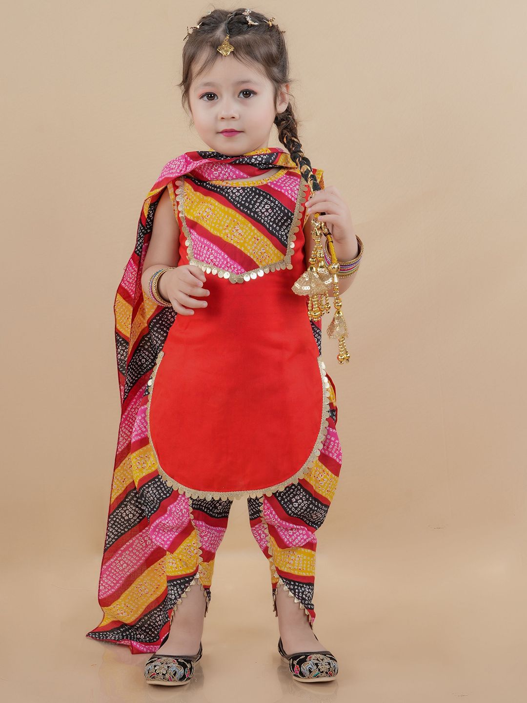 BAESD Kids Girls Bandhani Printed Regular Pure Cotton Kurta with Dhoti Pants & Dupatta-picture-28