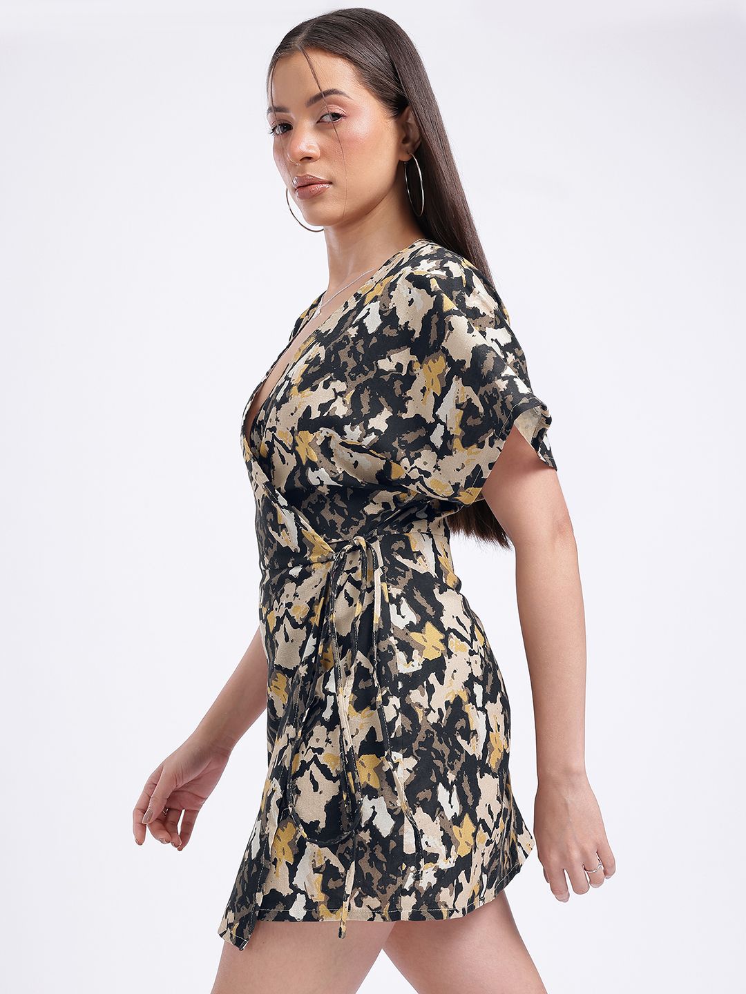 glitchez Printed Tie-Up Detail Mini Wrap Dress