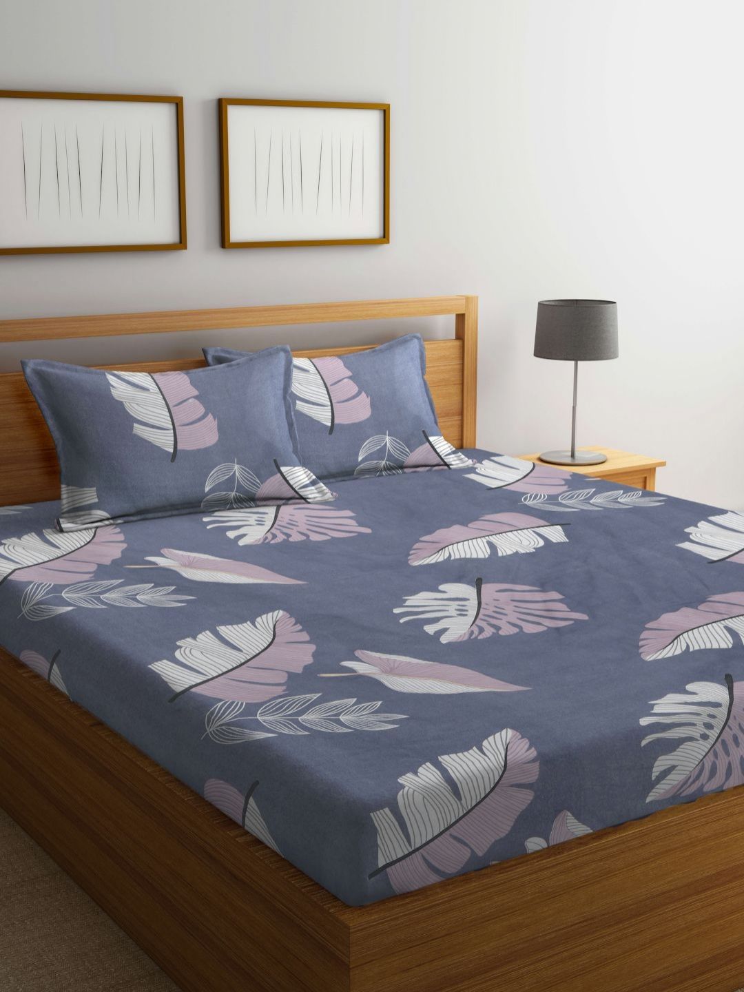 Myntra Elegant Homes Grey & Pink Floral Printed Fitted 300 TC King Bedsheet with 2 Pillow Covers-picture-15
