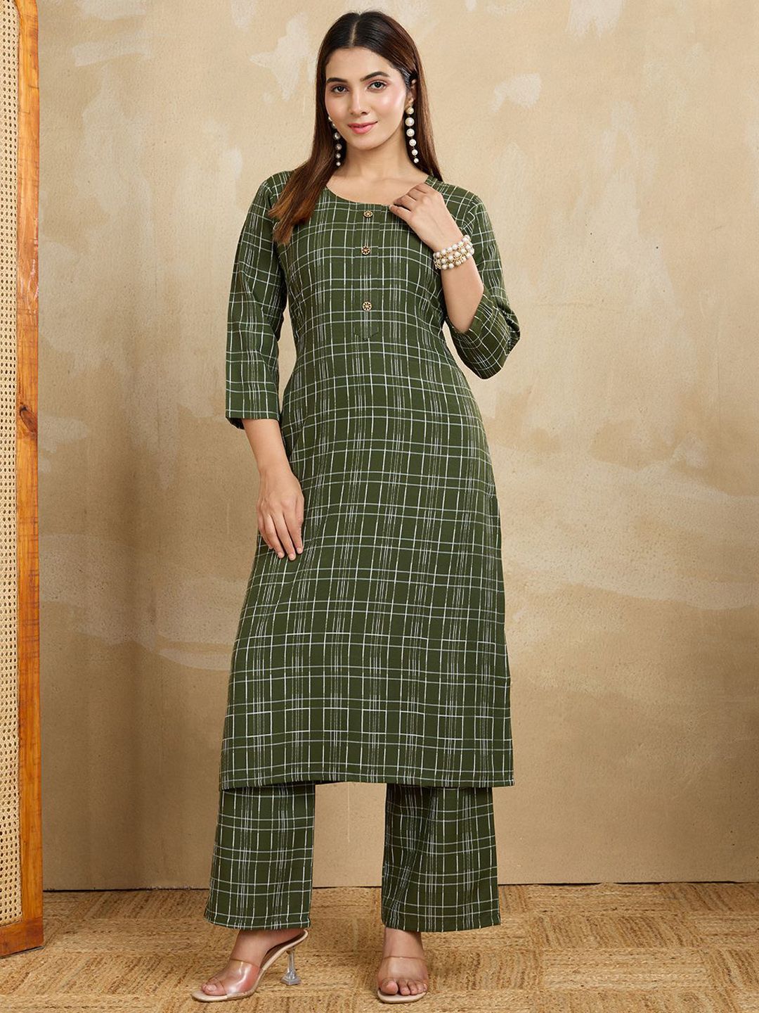 Women Basket Women Checked Printed Straight Calf lengthKurta with Trouser-picture-22