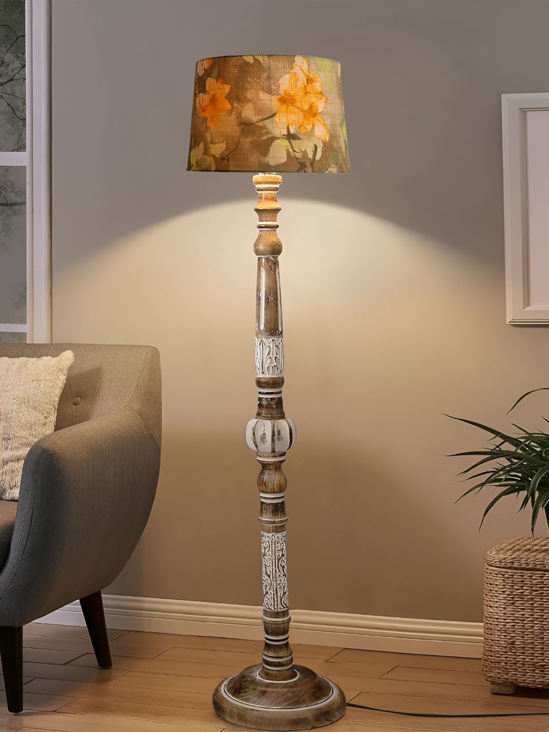Decorcity Beige & Green Printed Wooden Cylindrical FloorLamps-image-39