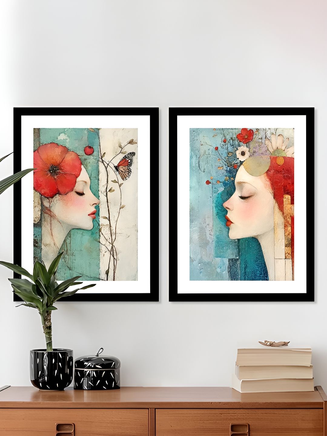 Art Street Red & White 2 Piece Wood Floral and Botanical Wall Paintings