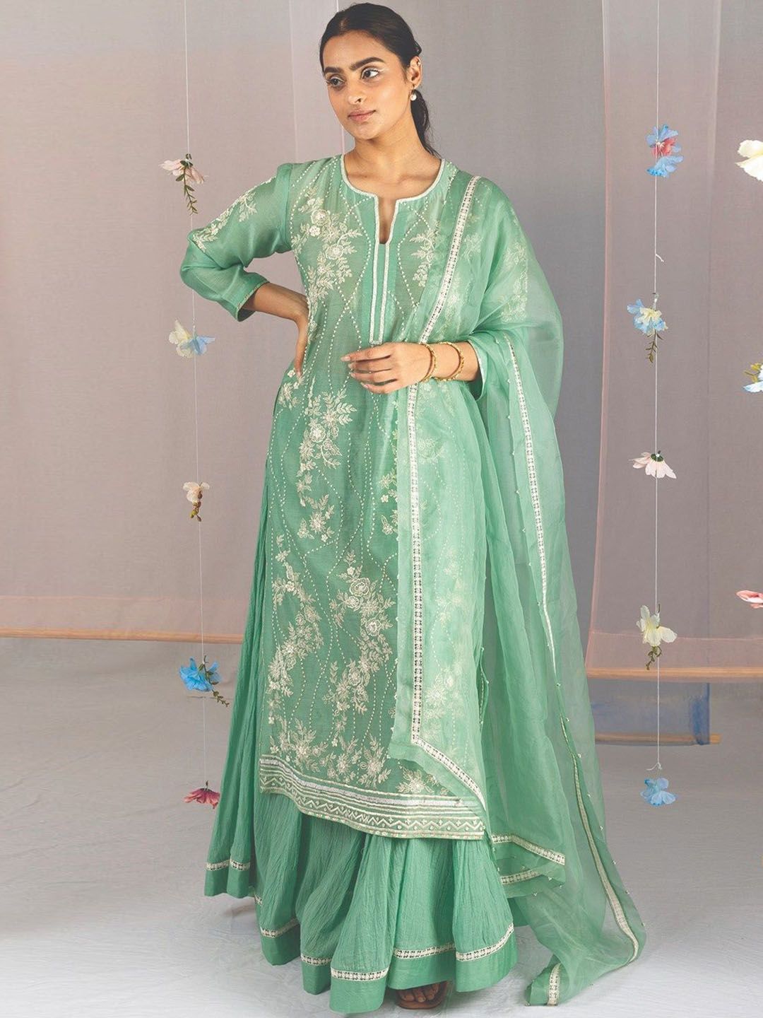 Kyra Floral Embroidered Thread Work Straight Chanderi Cotton Kurta With Sharara & Dupatta-image-12