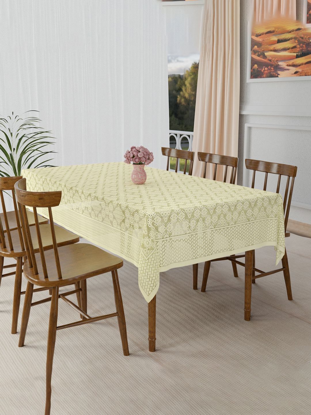 Aura Cream-Coloured Floral Cotton 6-Seater Table Cover-image-40