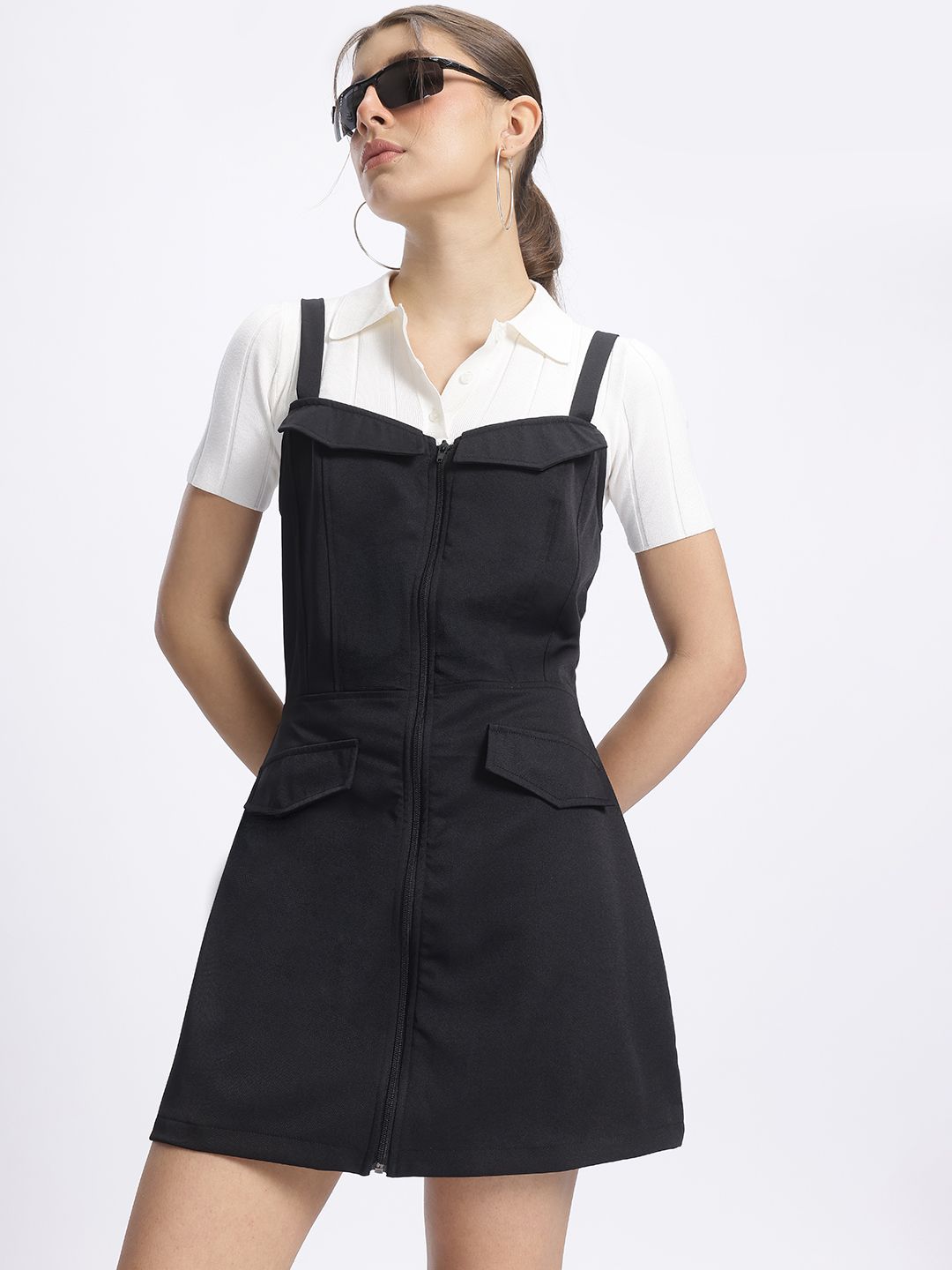 glitchez Shoulder Straps Front-Open Mini Pinafore Dress