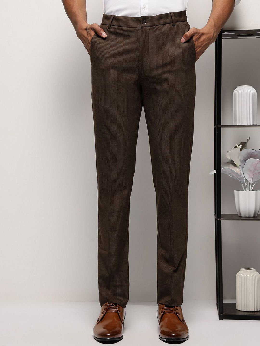 SUBTRACT Men Textured Slim Fit Mid-Rise Wrinkle Free Formal Trousers-picture-17