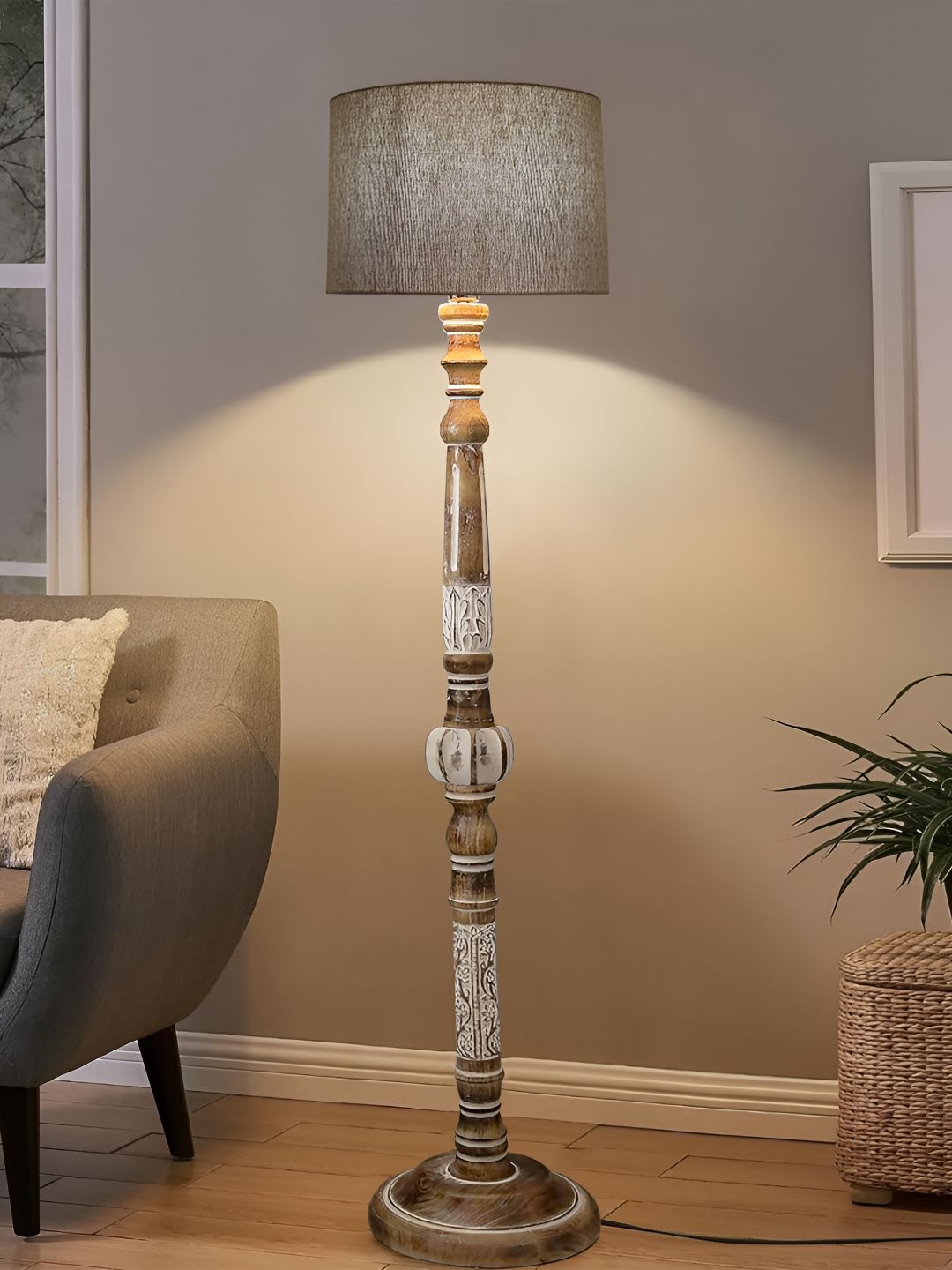 Decorcity Beige & White Wooden Cylindrical FloorLamps-image-37