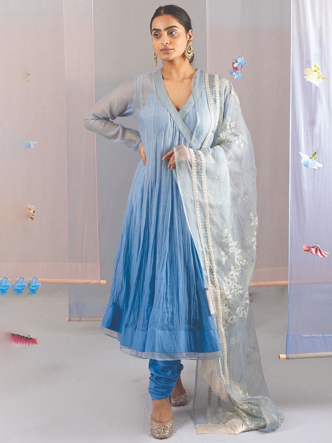 Kyra Ombre Dyed V-Neck Angrakha A-Line Chanderi Cotton Kurta With Trousers & Dupatta-image-15