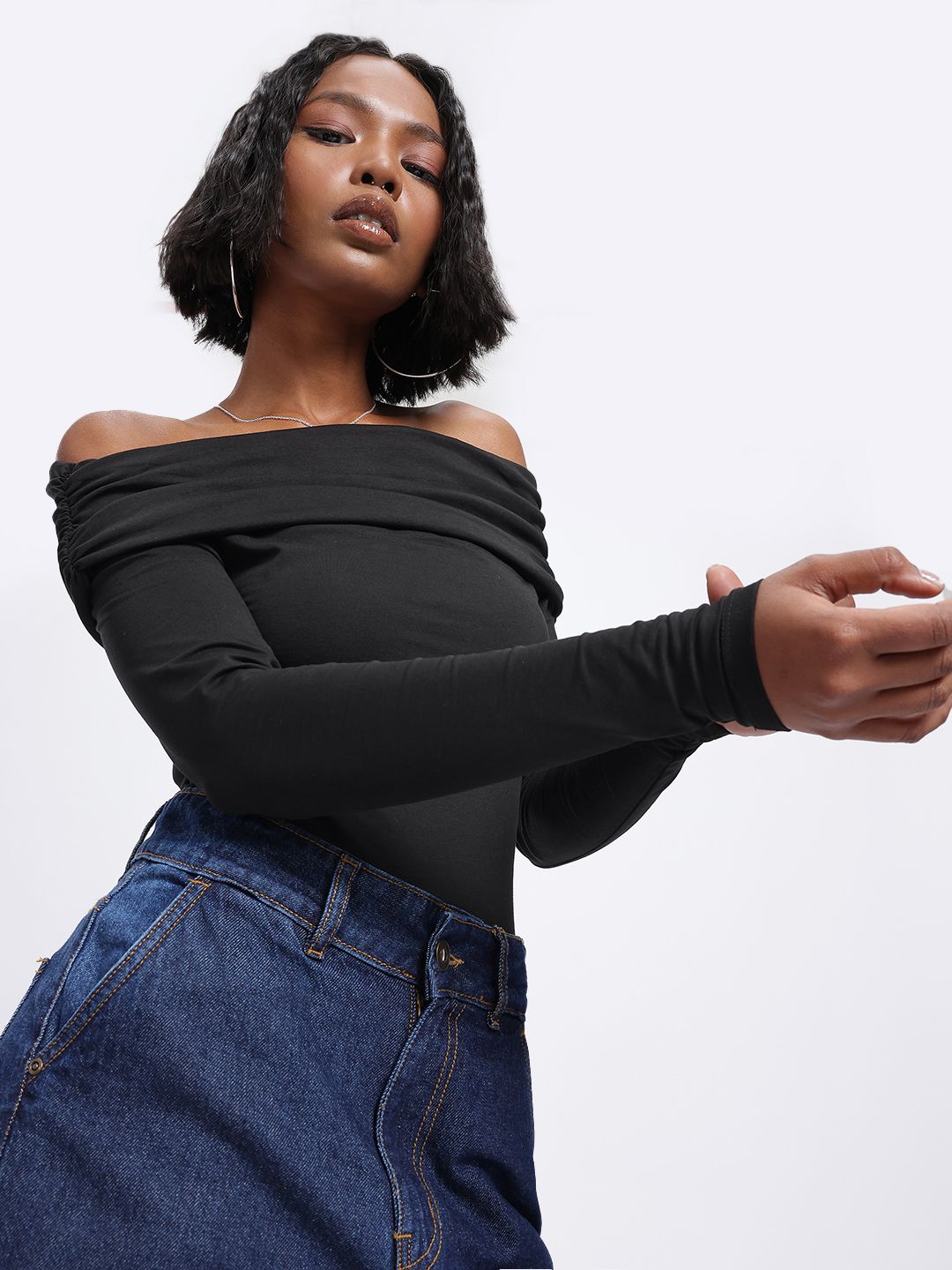 glitchez Off Shoulder Ruched Bodysuit