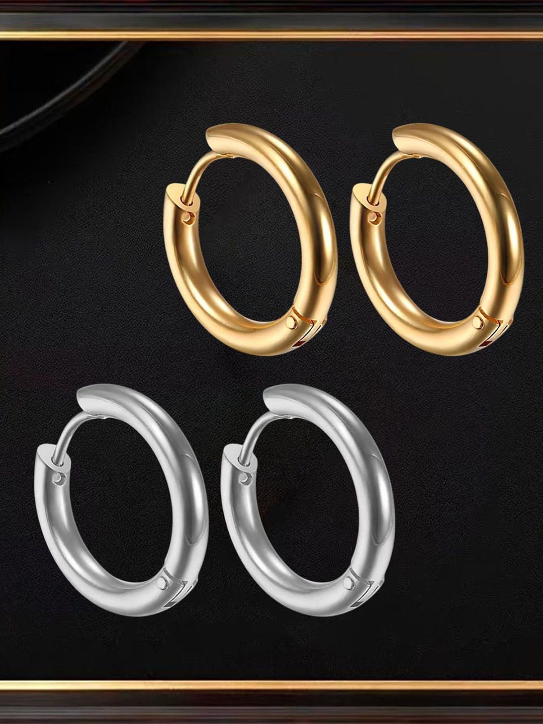 VAMA Men Set Of 2 14K Gold Plated Hypoallergenic Pierced Bali Circular Hoop Earring-picture-26