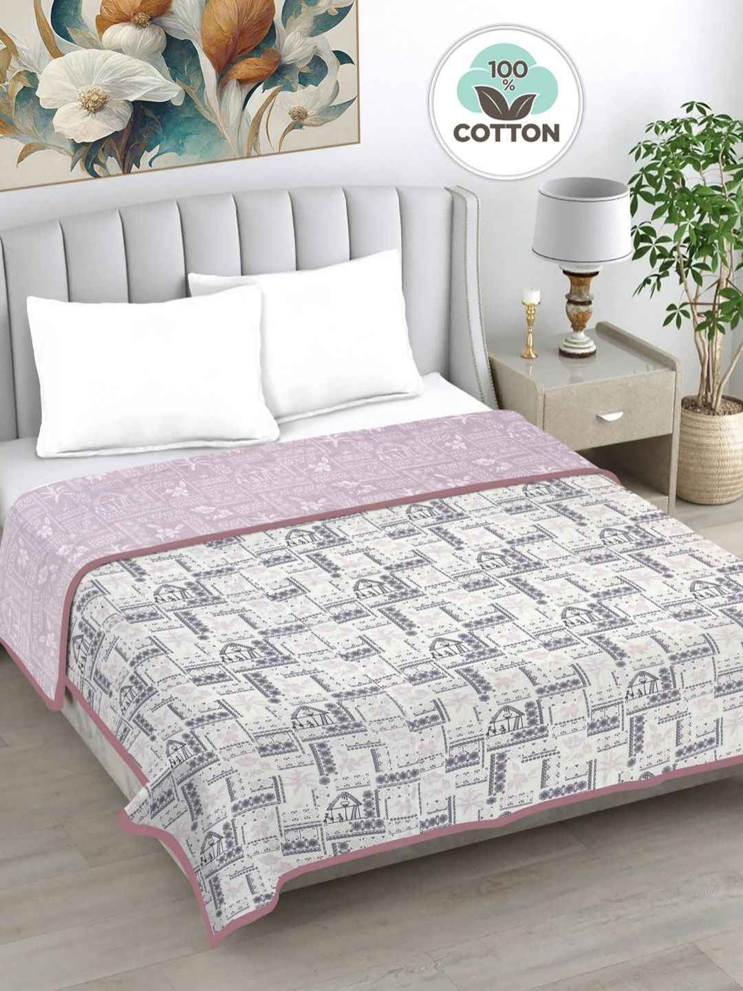 Myntra Elegant Homes White & Pink Ethnic Motifs AC Room 233 GSM Double Bed Dohar-picture-20