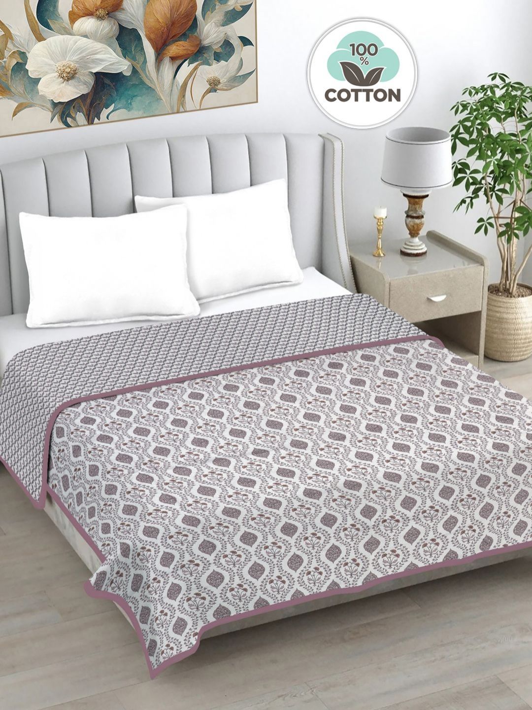 Myntra Elegant Homes White & Pink Floral AC Room 233 GSM Double Bed Dohar-picture-15