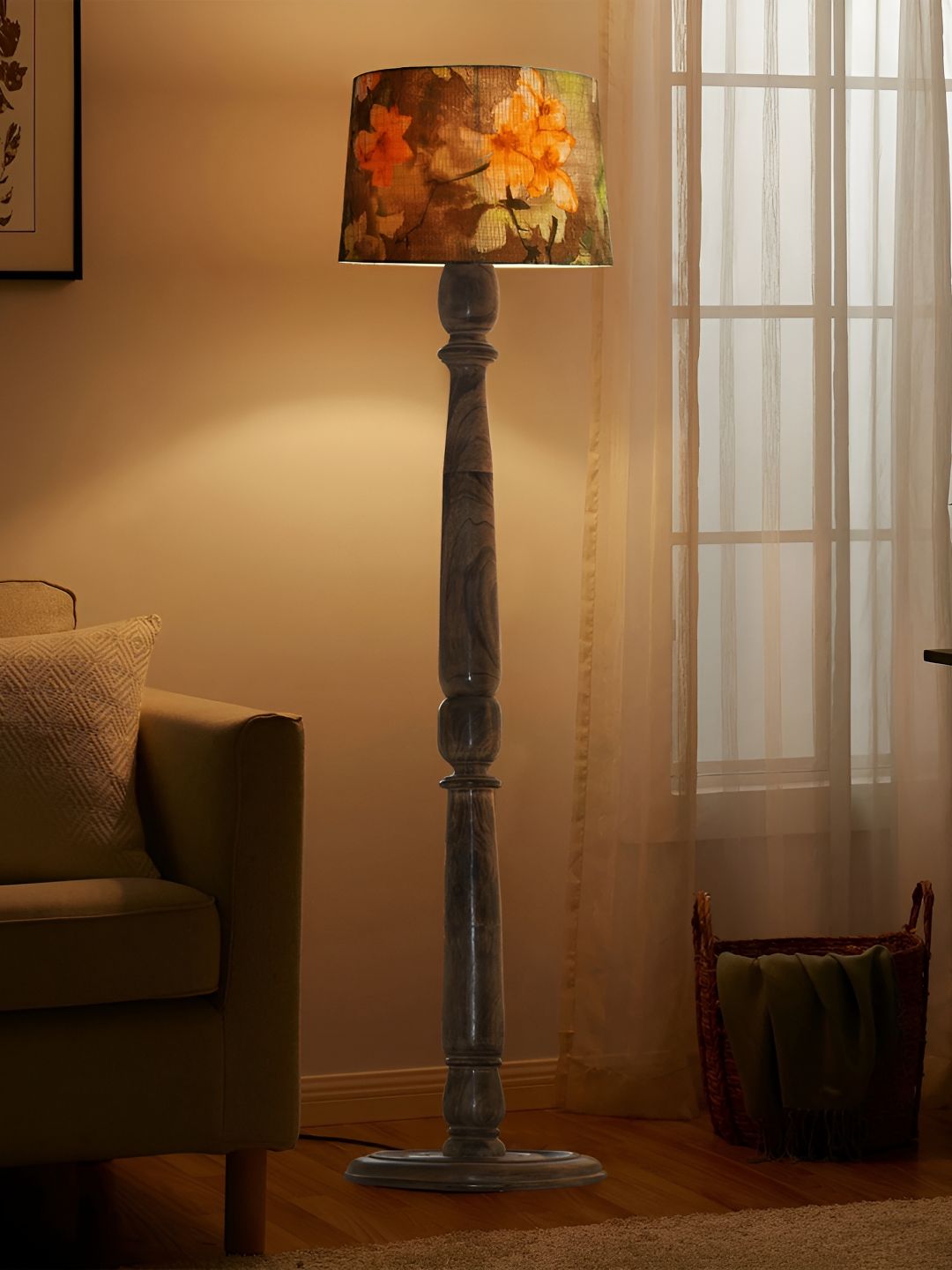 Decorcity Green & Yellow Printed Wooden Cylindrical FloorLamps-image-41