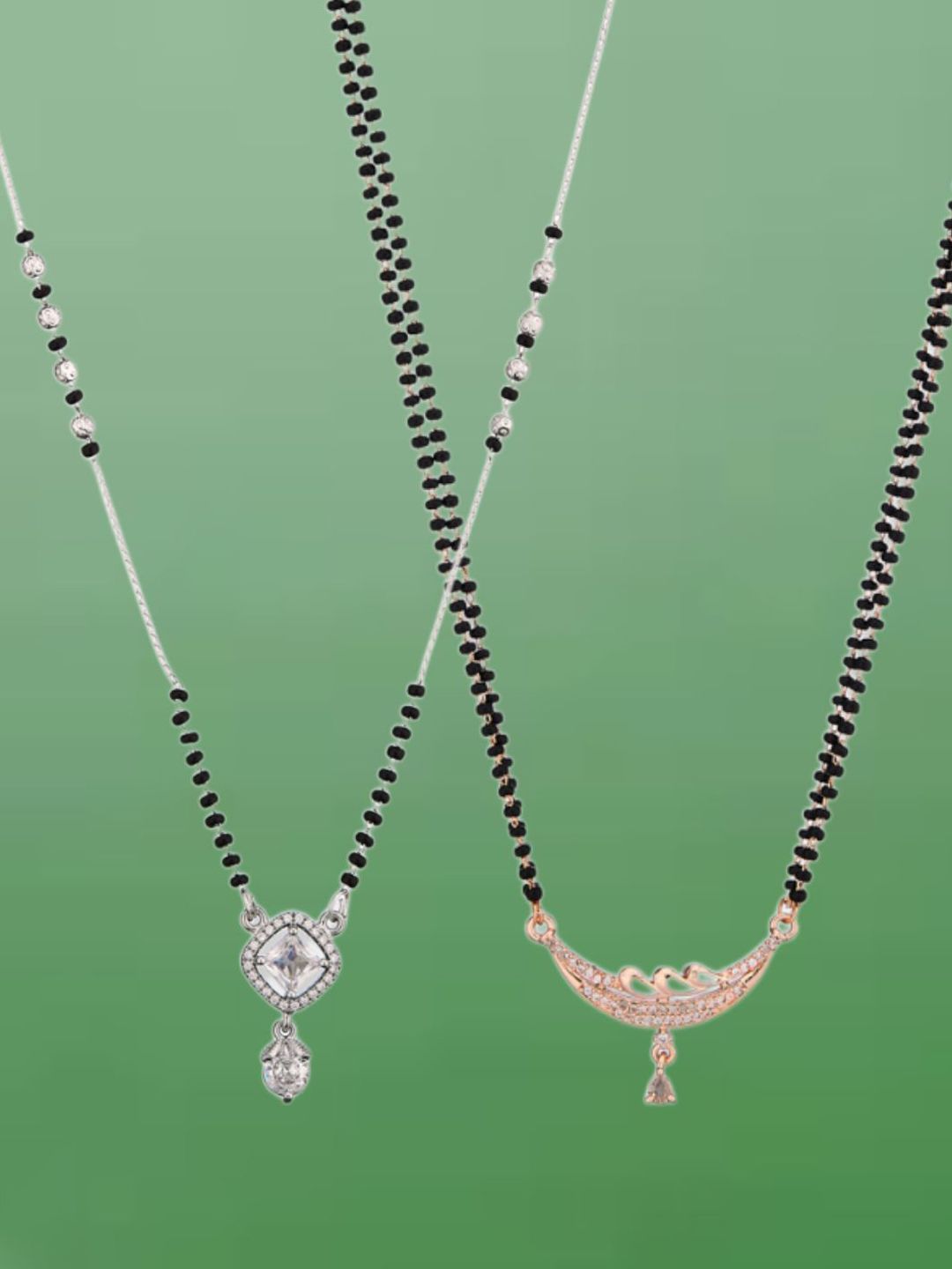ATIBELLE Set Of 2 Silver-Plated Cubic Zirconia Studded & Beaded Mangalsutras