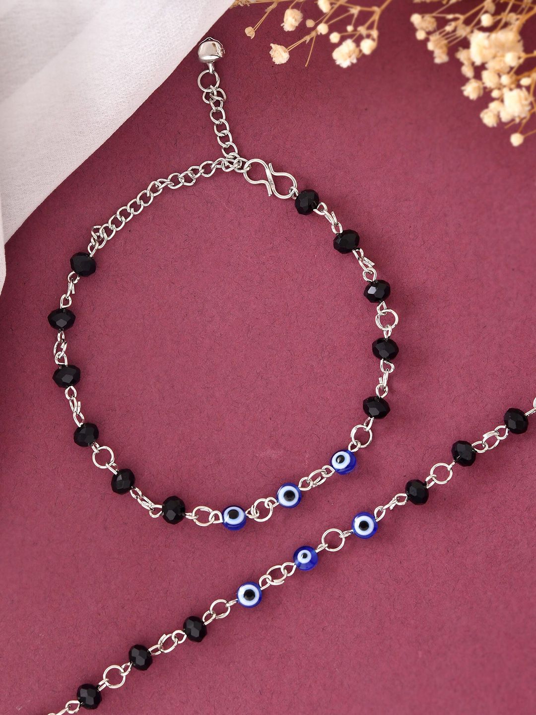 Divastri Set Of 2 Sttainless Steel Silver-Plated Artificial Stones Beaded Anklet