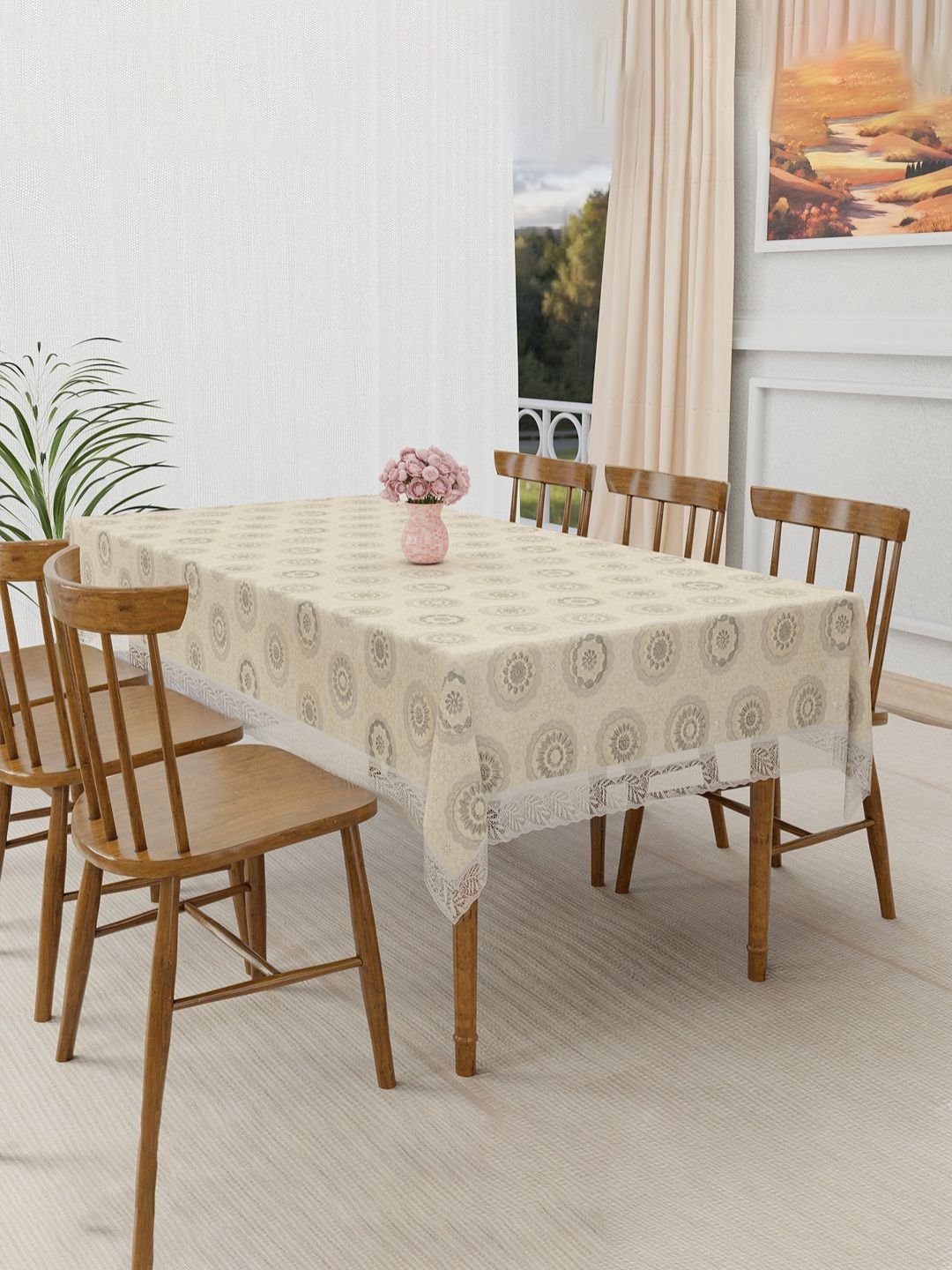 Aura Cream-Coloured Ethnic Motifs Plastic 6-Seater Table Cover-picture-50