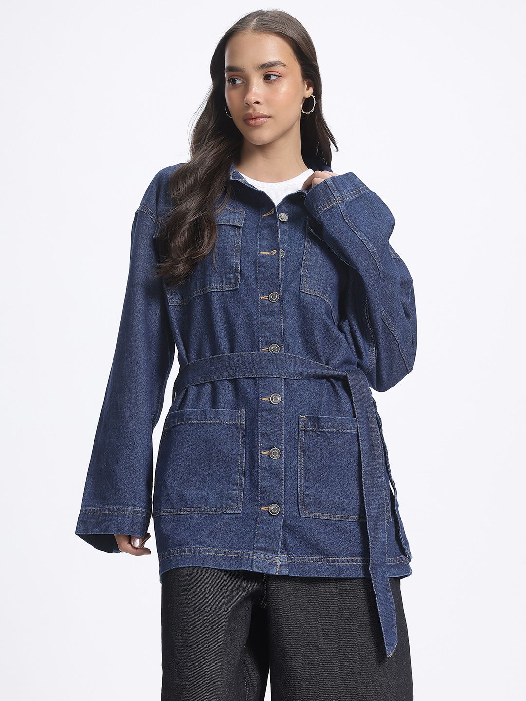 glitchez Longline Denim Jacket With a Belt