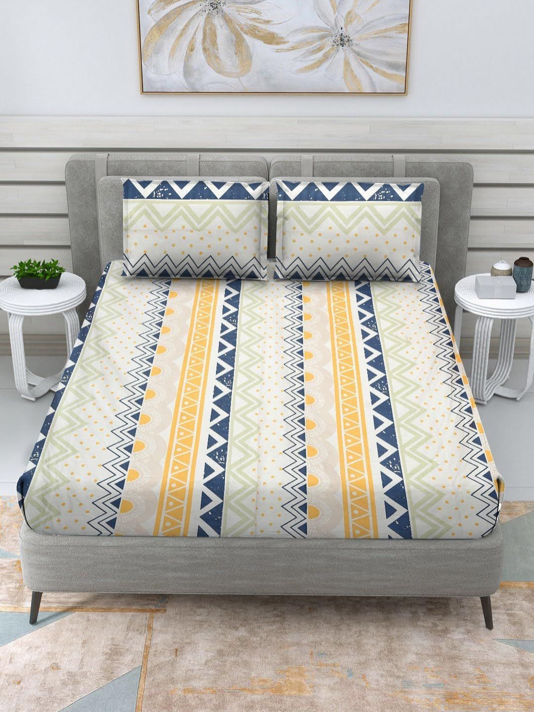 Aura White & Blue Geometric Printed 210 TC Microfiber King Bedsheet Set 2.74 m x 2.74 m-picture-34