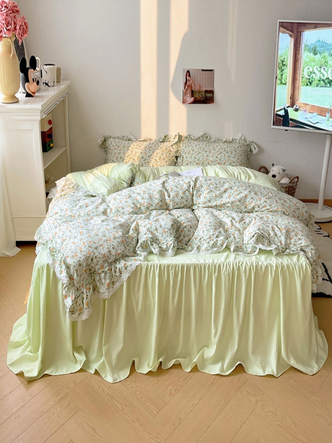 JC HOME Green & White Floral Polycotton 3 Piece Double King Regular Bedding Set-picture-25