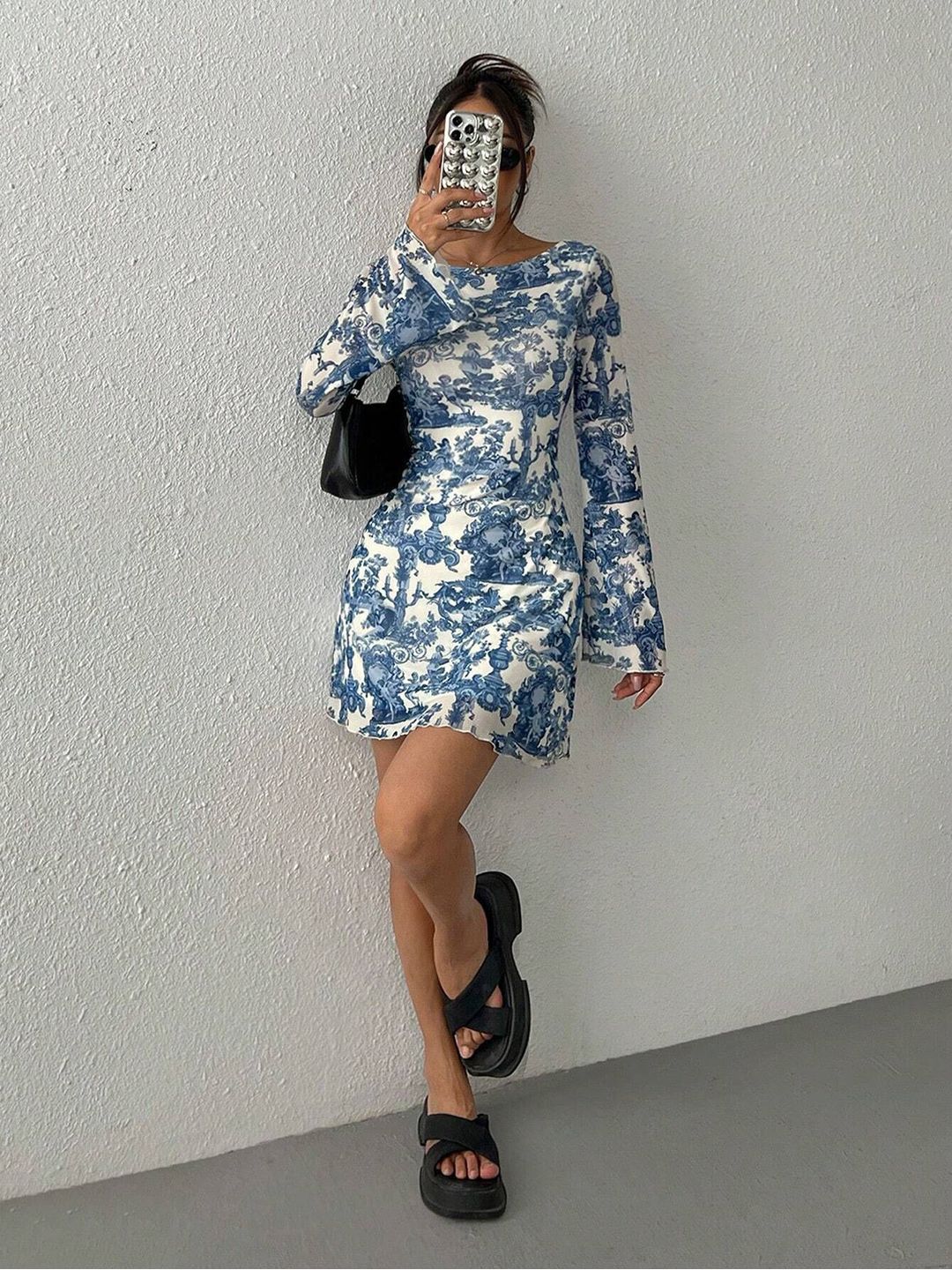 StyleCast Women Printed Bell Sleeve A-Line Mini Dress view 2