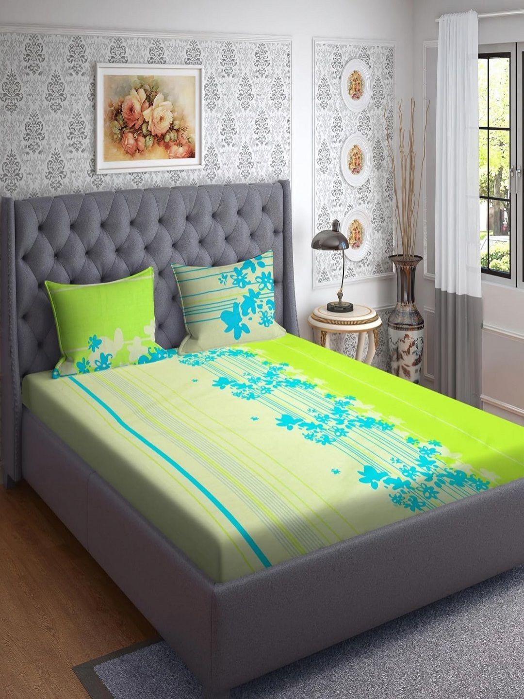 Aura Green & Blue Floral Printed 210 TC Microfiber King Bedsheet Set 2.74 m x 2.74 m-picture-23