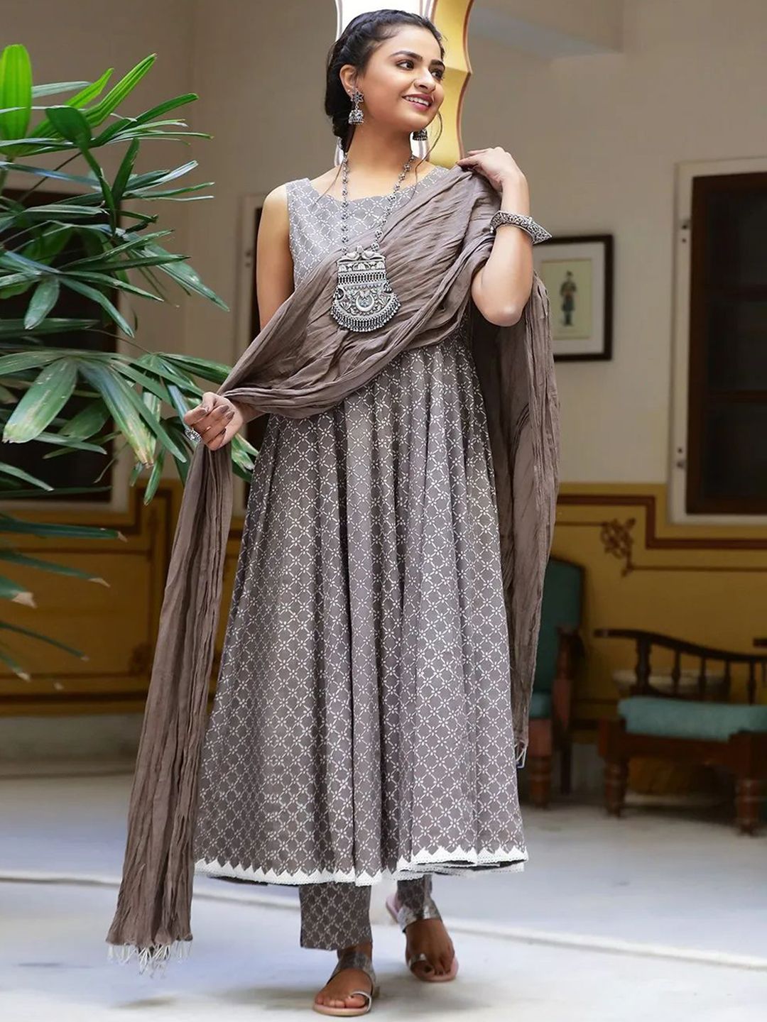Shivaradhya Designers Printed Pure Cotton Anarkali Kurta With Trousers & Dupatta