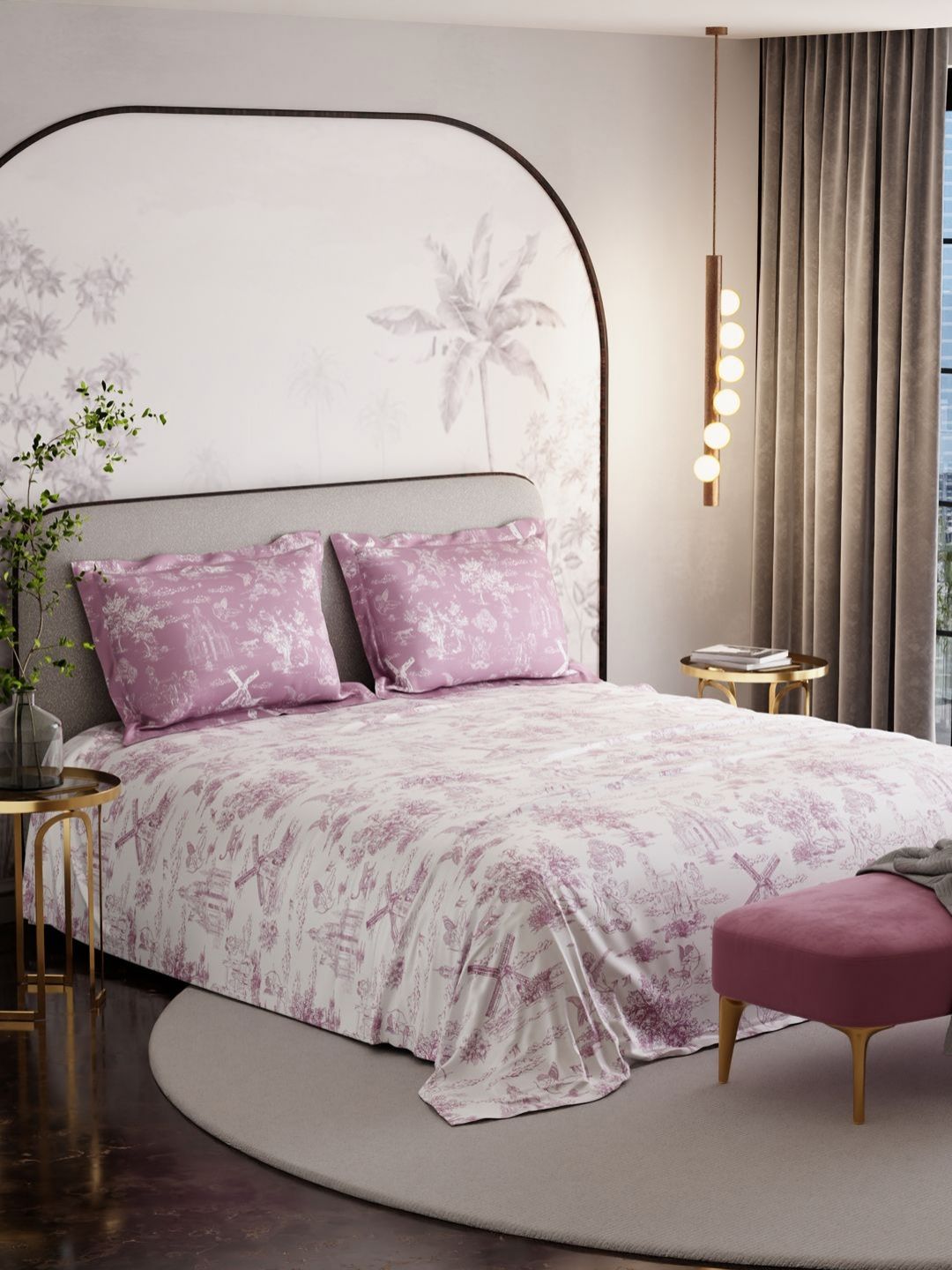 Stoa Paris White & Pink Floral 300 TC Bedsheet with 2 Pillow Covers-image-29