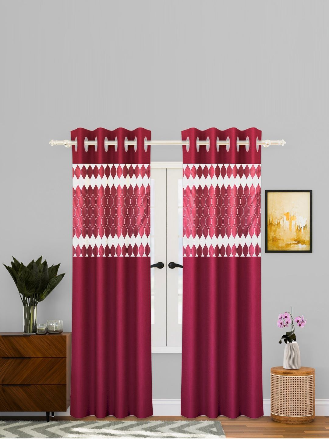 Aura White & Maroon 2 Pieces Floral Printed Long Door Curtains