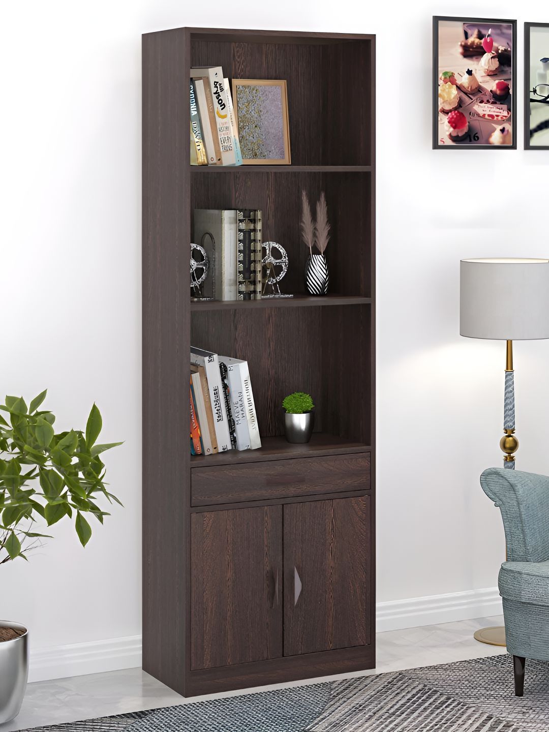 bluewud Seonn Brown 3 Tier BookShelf With 2 DoorCabinet