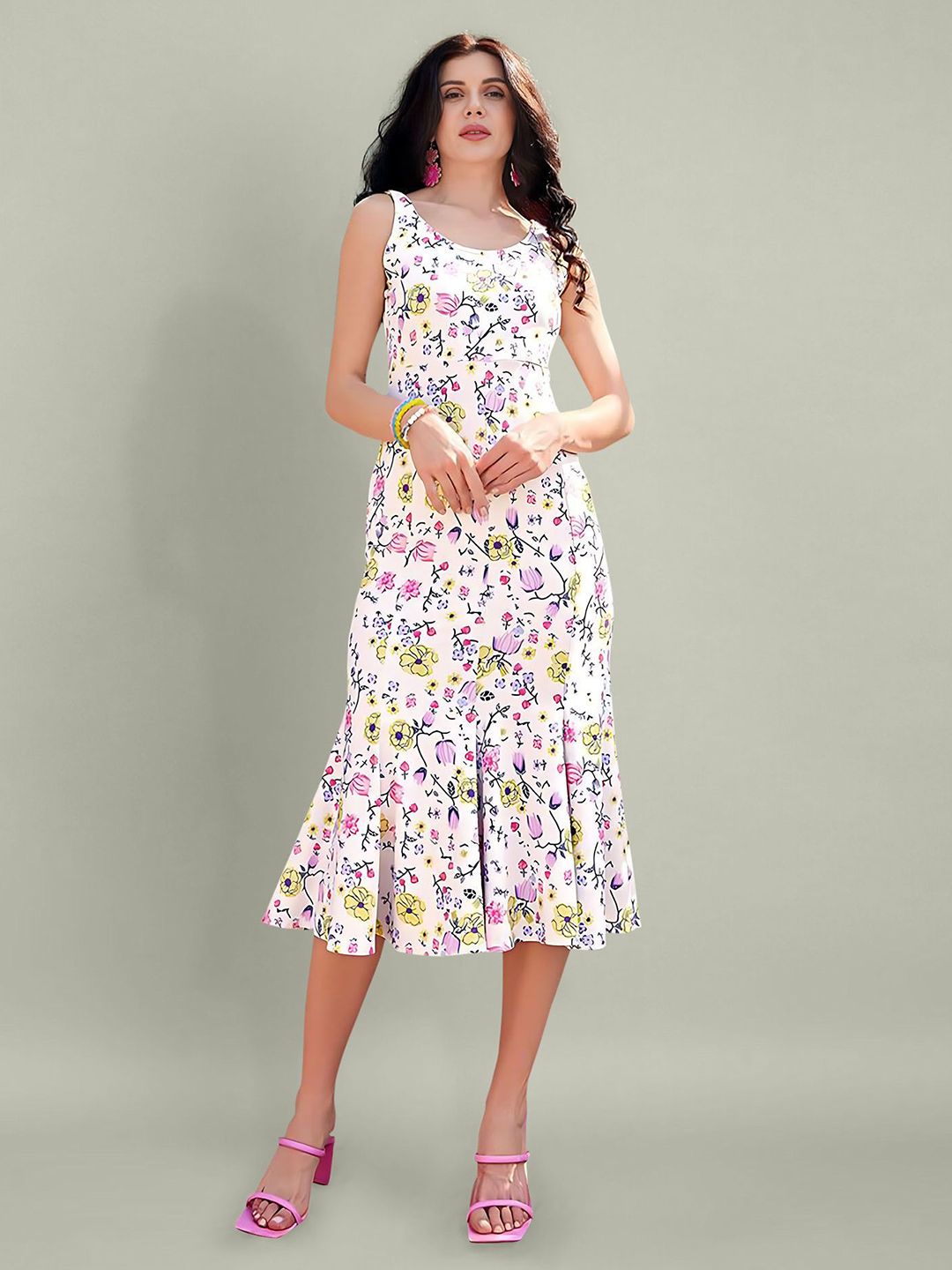 Dream Beauty Fashion Women Floral Print Round Neck A-Line Midi Dress