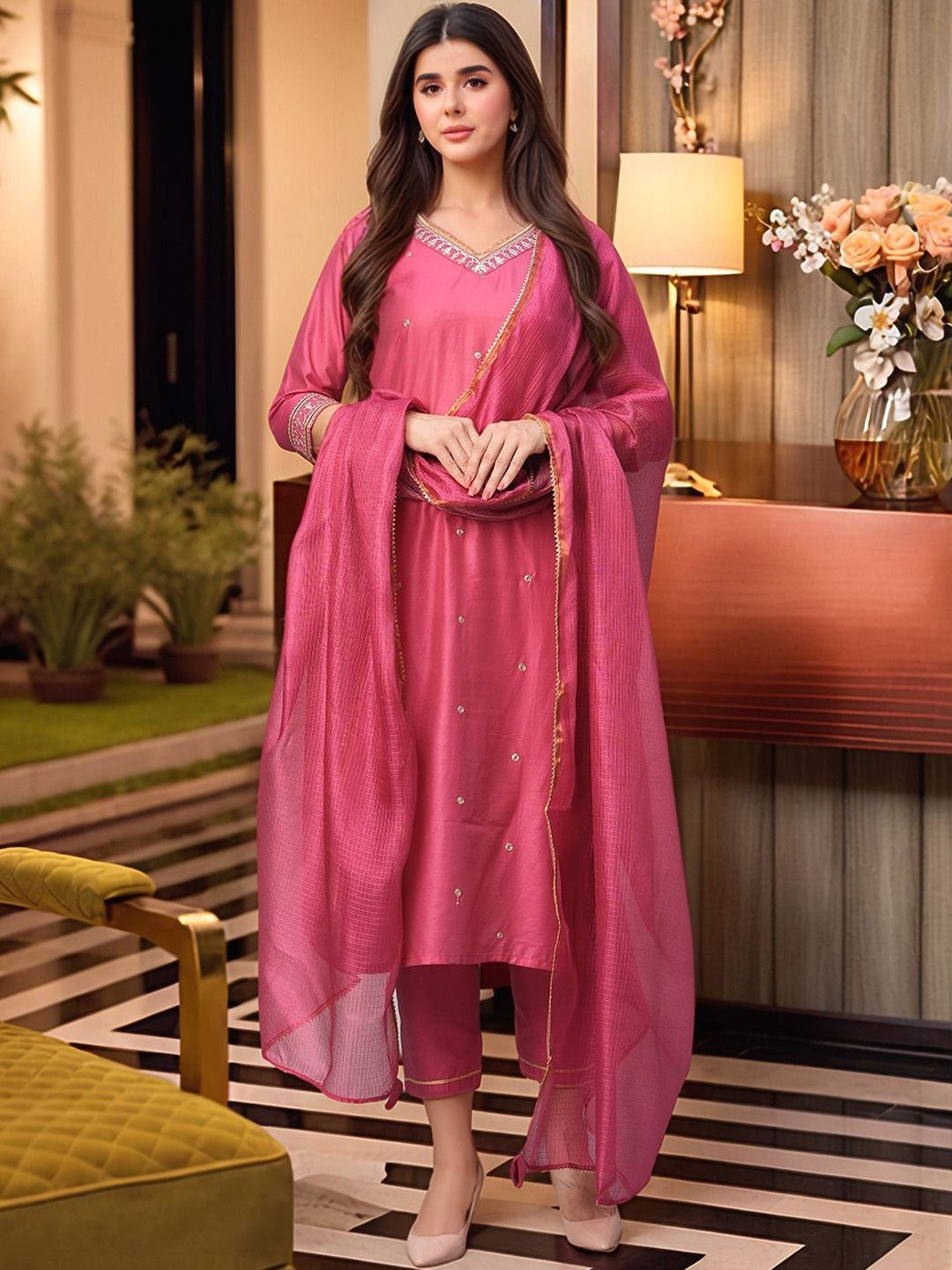 Aaghnya Ethnic Motifs Embroidered Thread Work V-Neck Kurta With Trousers & Dupatta