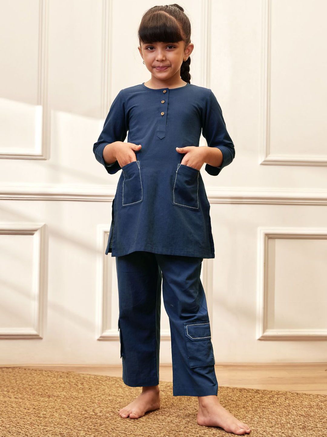 VASTRAMAY Girls Regular Pure Cotton Kurta with Trousers-picture-14