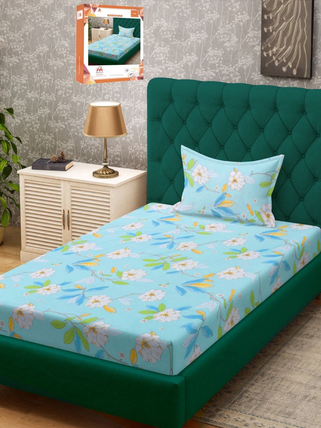 Myntra Elegant Homes Blue & White Floral Printed 300 TC Single Bedsheet Set-picture-42